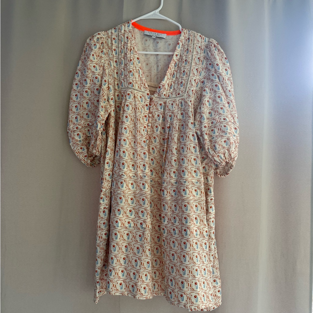 Hunter Bell Printed Puff Sleeve Mini Dress Medium Boho Block Print